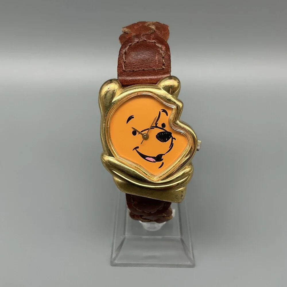 Vintage Timex Pooh Womens Watch 30mm Profile Gold Tone Leather New Battery